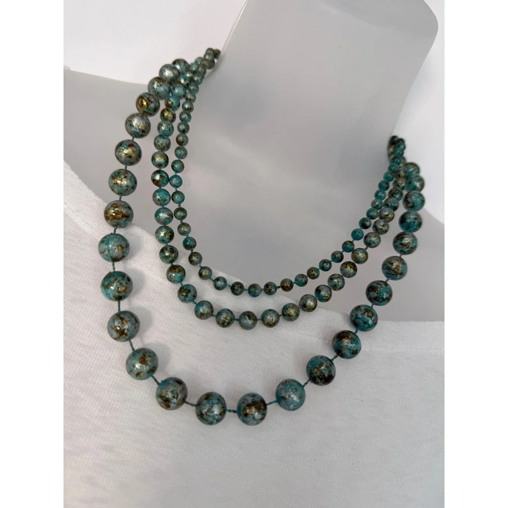 Teal Blue Gold Mottled Triple Strand Beaded Statement Necklace Graduated Layered